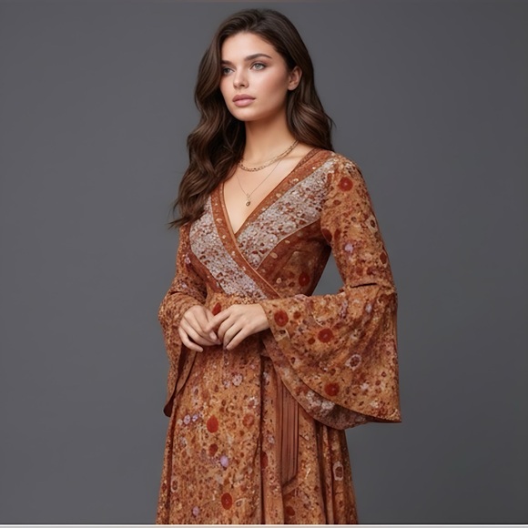 Boho Floral Print Bell Sleeve Tie Front Wrap Dress - Picture 9 of 13